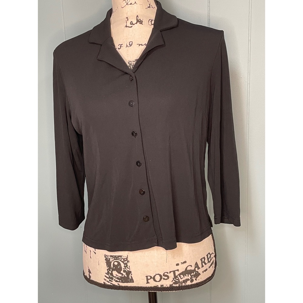 Talbots Button Down Shirt Womens Petite S Black Excellent 3/4 Sleeve Knit Blouse
